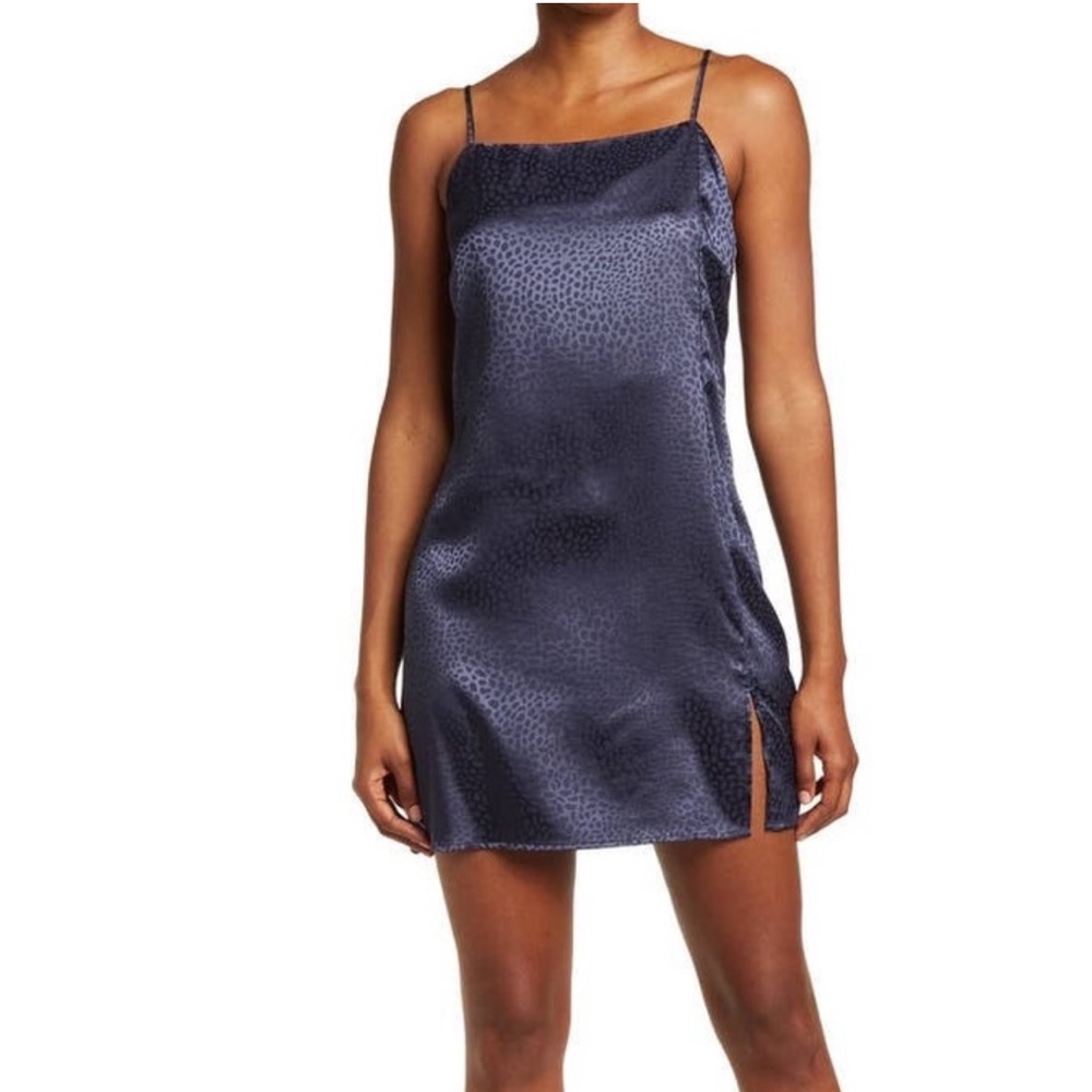 Sophie Rue blue satin subtle leopard print slip dress size medium